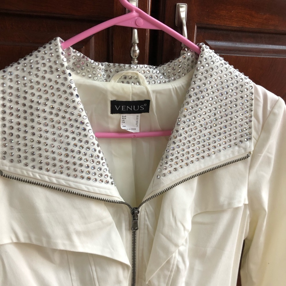 VENUS White embellished zip up flare jacket size 4